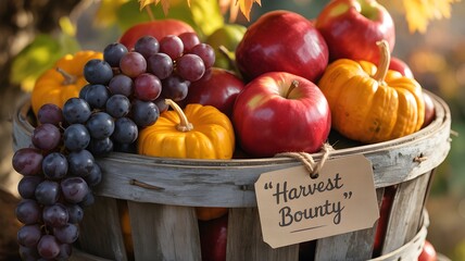 Autumn harvest bounty basket of fruits and gourds