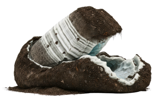 Melting glacier ice core with layers of sediment and dirt on a transparent background