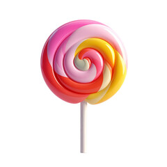 Colorful swirl pastel lollipop candy isolated against soft neutral background, featuring vibrant pink, yellow, blue, and white glossy sweet treat.