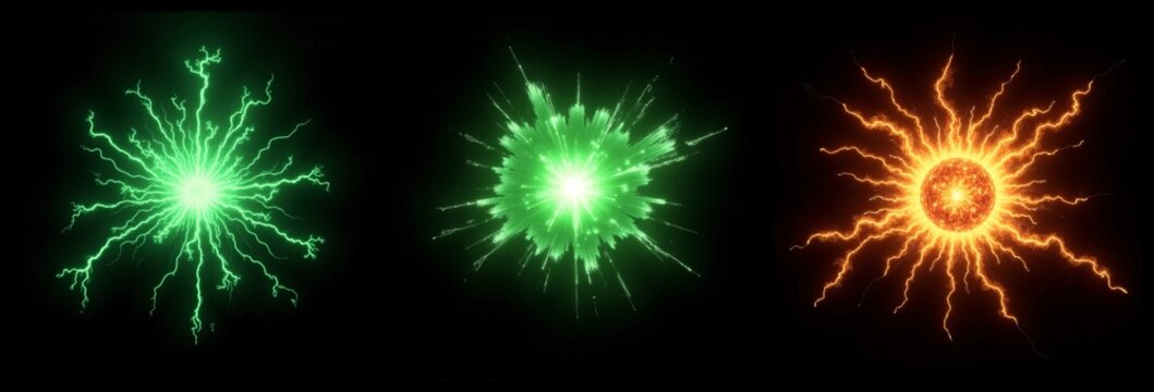 Collection of vibrant light effects resembling explosive blasts, with green and orange hues.