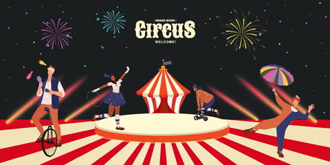 Bright circus background with performers: juggler, acrobat, clown, unicyclist on a stage with a tent, fireworks and spotlights. Vector illustration for announcements and invitations. Flat design. © Uliya