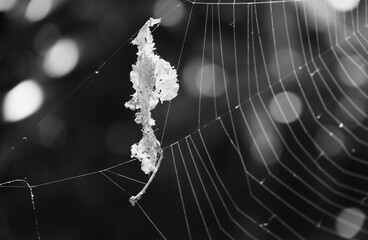 A dried leaf trapped in a spider's web