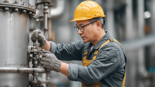 Worker in Yellow Hard Hat Adjusting Industrial Pipe Valve at Manufacturing Facility with Focused Expression and Safety Gear for Maintenance Tasks