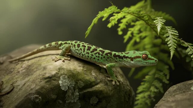 Green Gecko Walking Slowly on Mossy Rock Near Fern