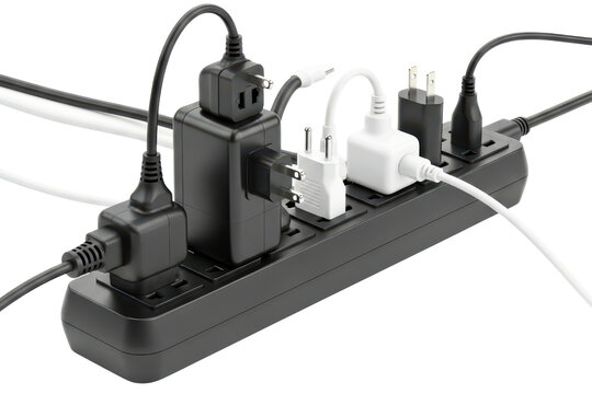 Overloaded black power strip with many plugs and adapters on a transparent background