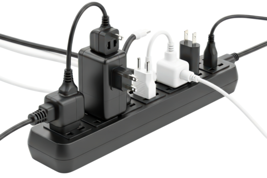 Overloaded black power strip with many plugs and adapters on a transparent background