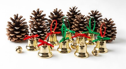 A collection of small golden bells with red and green ribbons, arranged in front of several pine cones.