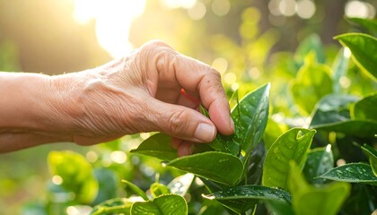 Hand Picking Fresh Green Tea Leaves in Sunlight.