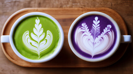 Green tea Matcha Latte art and purple Ube latte art in white ceramic cups on brown wooden plate background. Concept for modern healthy beverages, healthy drinks and homebrew drinks. Generated image	