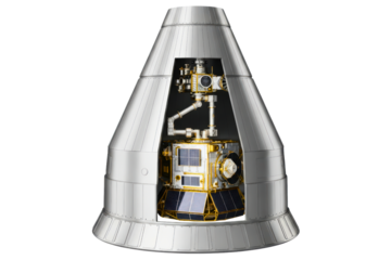 Scientific satellite payload inside a launch vehicle fairing on a transparent background