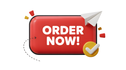 Red order now button with paper airplane and check mark on black background promotion design