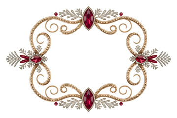 Ornate antique golden scrollwork frame with red gemstones and leaf accents isolated on transparent background