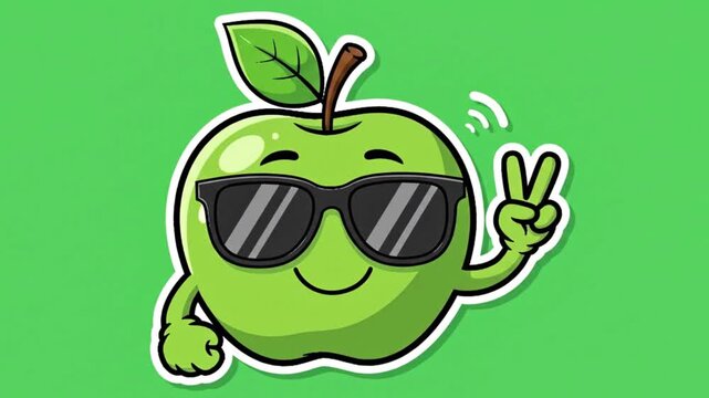 Animated green apple sticker wsunglasses making a peace sign