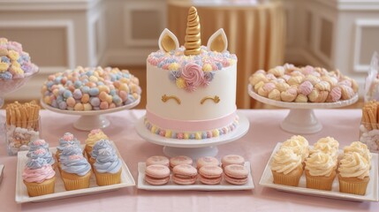 Magical Unicorn Birthday Party Dessert Table with Colorful Cakes, Cupcakes, and Sweet Treats Featuring Pastel Decorations and Whimsical Designs