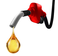 Red gasoline pump nozzle with dripping golden oil drop representing fuel or energy Realistic clean isolated background, oil company economy Realistic oil drop