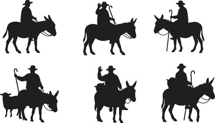 Silhouette vector illustration of people riding donkeys with staffs and hats, pastoral biblical theme, shepherds, nativity journey, traditional rural life © Mam's Creations