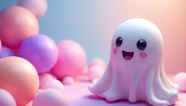 A mischievous pastel ghost floating among oversized, glowing, candy shaped balloons. A translucent, smiling pastel lavender ghost with round eyes, gently floating and bumping against oversized,