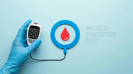 Gloved hand holding glucometer for world diabetes day