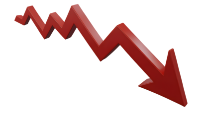 Red arrow trending downwards with sharp zigzags on a black background indicating a decline or loss