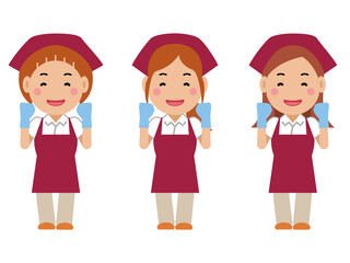 がんばります。と笑顔の真紅のエプロンの女性清掃員。その2