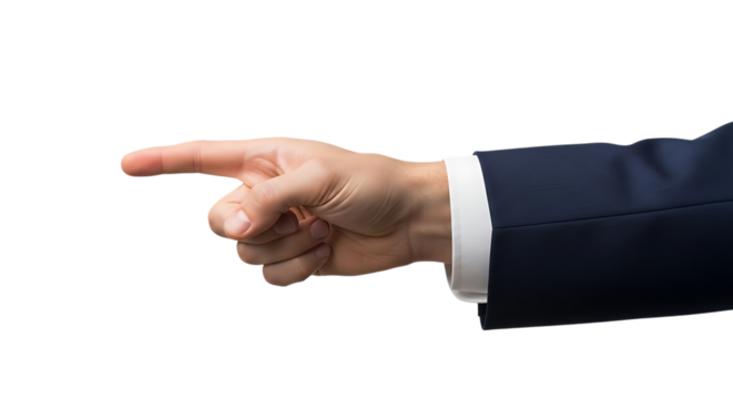 Man's hand in suit pointing left indicating direction and decision