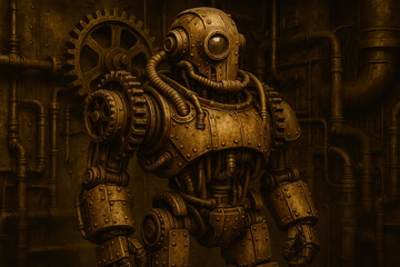 Obraz premium Dieselpunk Robot Figure Grungy Industrial 