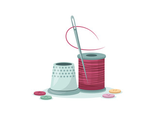 Sewing needle with vibrant red thread and thimble surrounded by colorful buttons