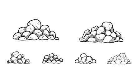 Simple sketch of various rock piles and stone arrangements in black and white