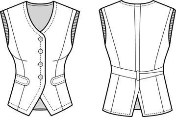 Women's tailored vest front and back view, fashion flat sketch, technical garment design, cad drawing flat vector illustration