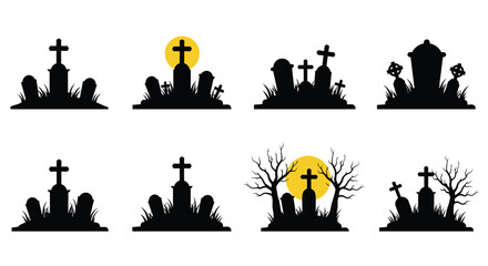Silhouette collection of cemetery headstones and spooky graveyard elements