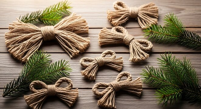A collection of rustic burlap bows and pine branches arranged on a wooden surface, evoking a natural and festive holiday theme.