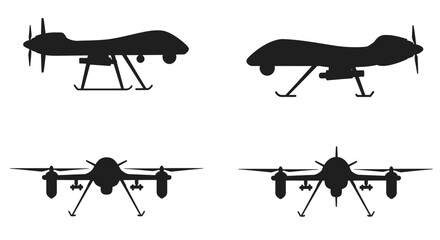 Silhouettes of military drones and aircraft in a minimalist style