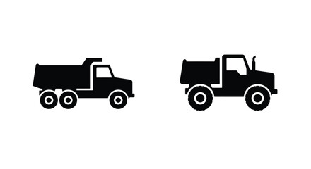 Simple black silhouettes of two different style dump trucks are shown