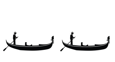 Simple black silhouette illustration of gondolas with figures on water
