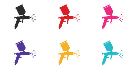 Stylized spray guns in various colors depicted in a simple icon set