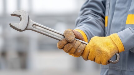 Close-up of Worker Holding Metal Wrench in Yellow Gloves at Construction Site with Blurred Background and Industrial Setting