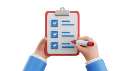 Cartoon hands holding clipboard with checkmarks and marker on black background in a rendered style