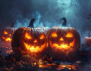 Lit jack-o'-lanterns glow eerily in a spooky autumn setting