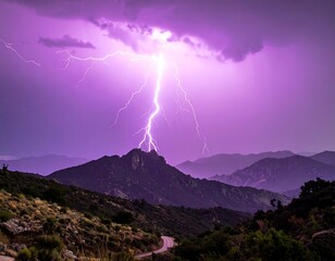 Intense purple lightning strike illuminating a rocky mountain peak