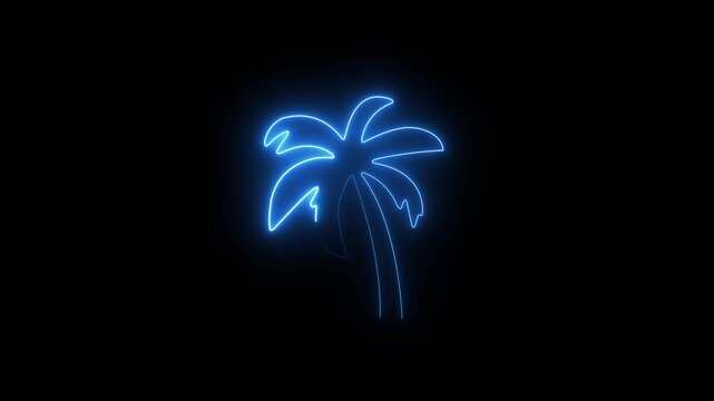 Glowing blue outline neon palm tree animation. Tropical vacation paradise summer holiday. 4K Beach party vibe video loop.