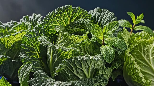Fresh Savoy Cabbage and Mint - Close-up of a fresh savoy cabbage head with water droplets on the ruffled leaves, next to sprigs of fresh mint.