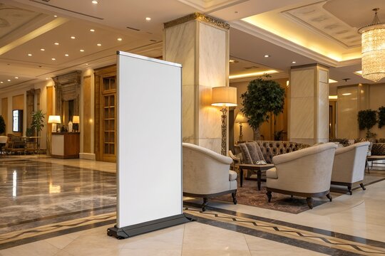 A blank white roll-up banner stand is displayed in a luxurious hotel lobby with elegant seating areas for mockups.