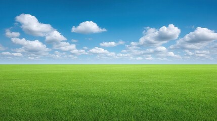 Fototapeta premium Expansive Green Grass Field Under Bright Blue Sky with Fluffy White Clouds in a Serene Natural Landscape Scene