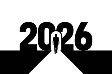 2026 New Year Vector Design with Silhouette Person Walking Forward in the Door