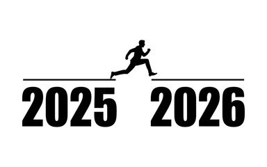 2025 to 2026 New Year Transition. Silhouette Runner Leaping Across Years on Timeline Path