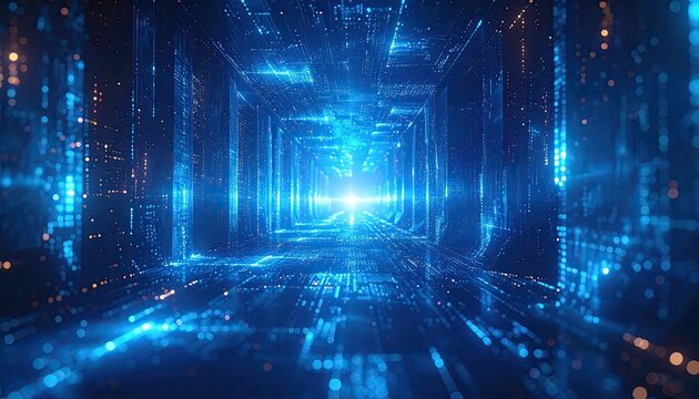 Abstract digital tunnel with glowing blue and orange particles representing data flow and technology