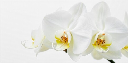 Fototapeta premium Multiple white orchid blossoms clustered, creating a serene and airy composition on a bright white background. A graceful cluster of three to four pristine white orchid blossoms, artfully arranged