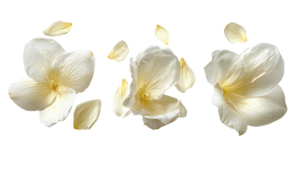 Three delicate, pale yellow flowers with detached petals, isolated against black