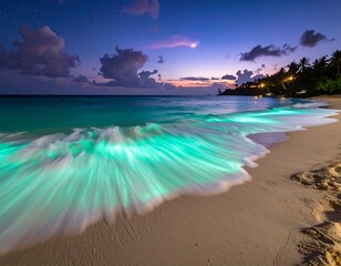 Long exposure captures ethereal neon waves gently lapping the sandy shore