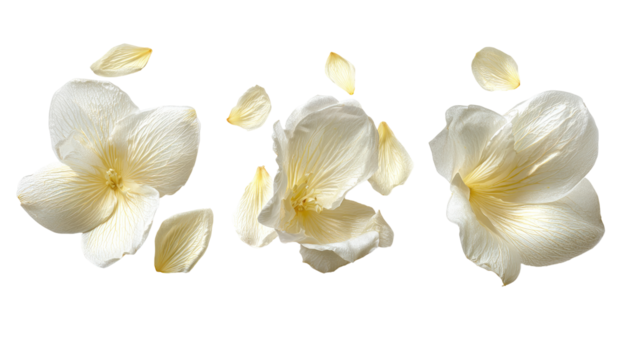 Three delicate, pale yellow flowers with detached petals, isolated against black